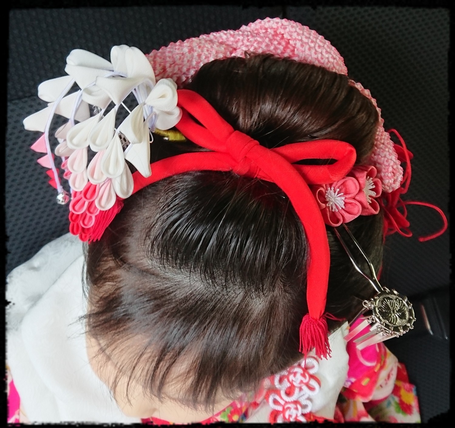 七五三髪飾り【おはりばこ】【正絹本絞り】かのこ・ちんころ朱色/はなふわりかんざし 七五三髪飾り【おはりばこ】【正絹本絞り】かのこ・ちんころ朱色/はな