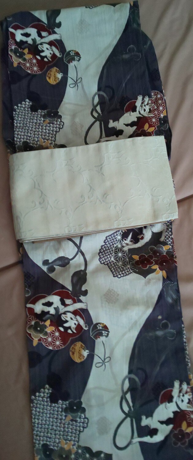 utatane｜ニコアンティーク 浴衣3点セット 染め分け灰紫に大正浪漫ねこ