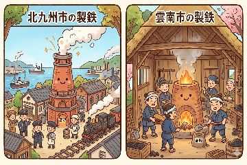 ※AIさんがイメージした近代製鉄と古代製鉄（たたら）