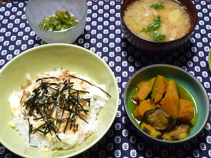 2014.07.11豆腐丼＆かほ?ちゃとなすの煮物＆めかふ?とオクラ和え4.jpg