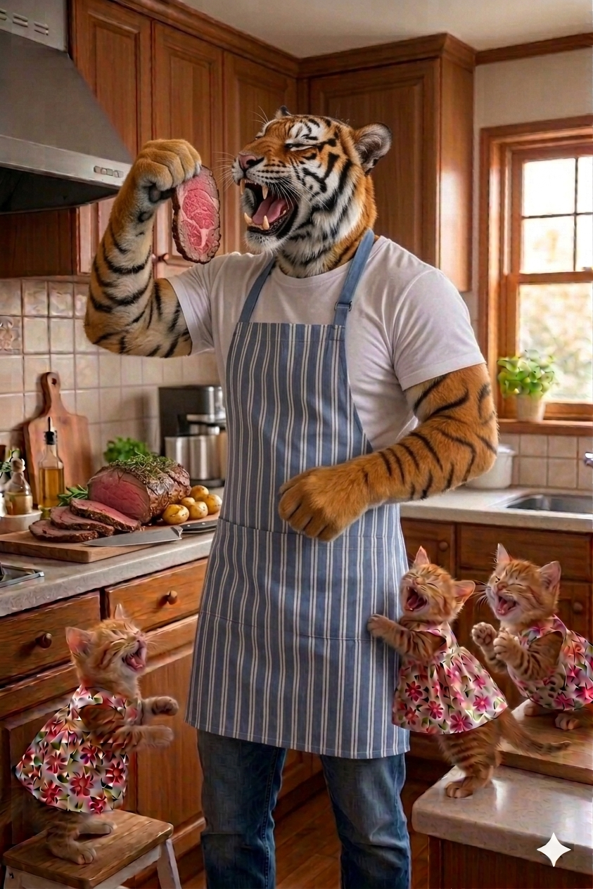 ローストビーフをつまみ食いする寅さんと子猫たちの楽しい食卓シーン