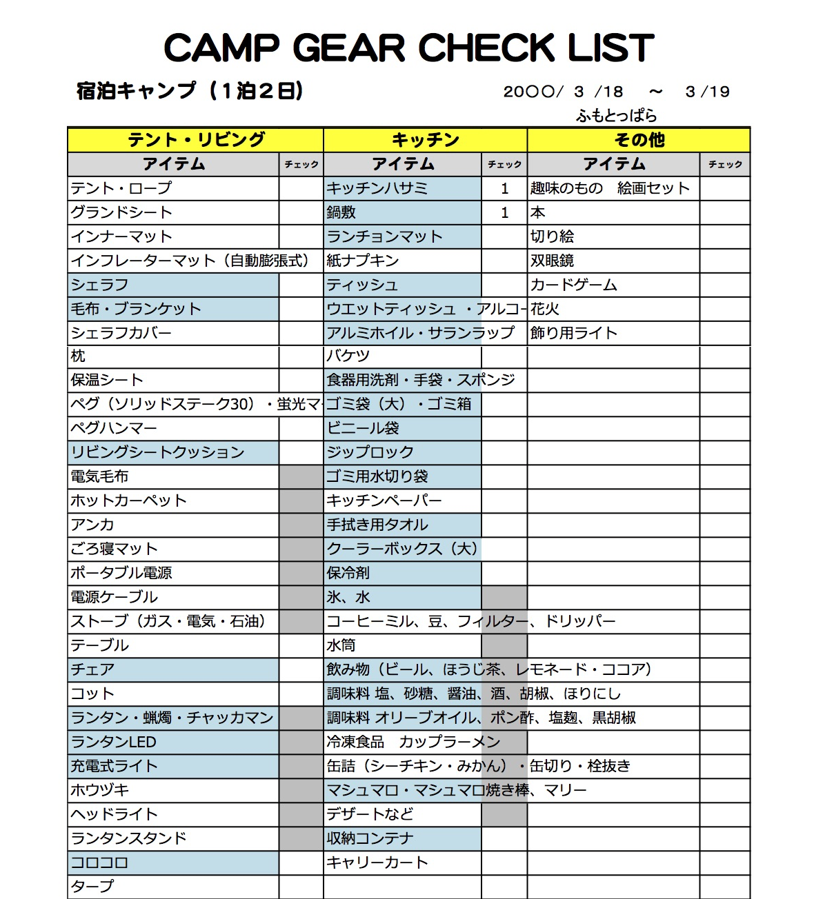 ファミキャン初心者 我が家のファミキャン持ち物チェックリストをご紹介 子育てがもう少しで終わりそうなアラフィフ女子がキャンプ始めました 楽天ブログ