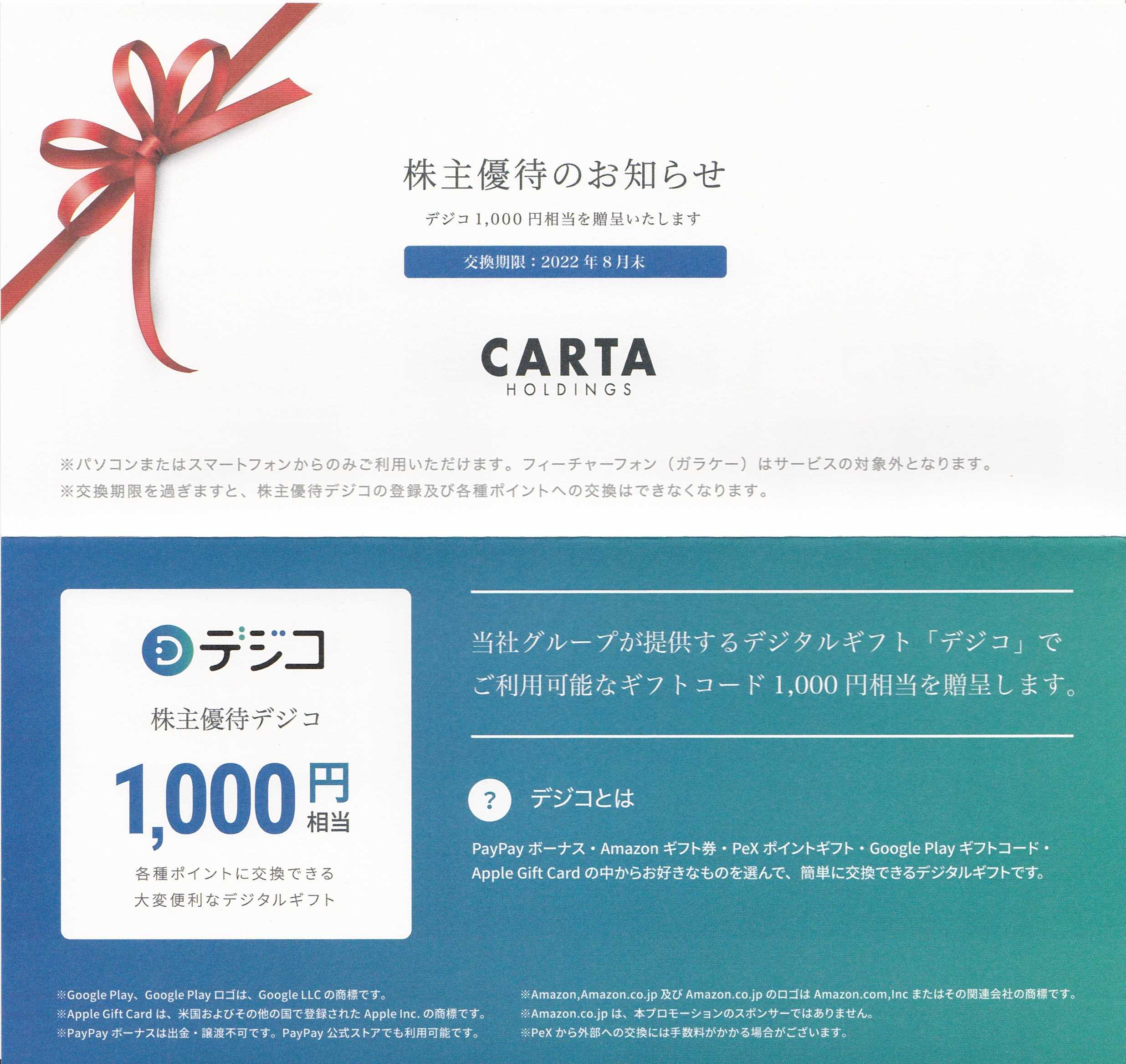 CARTA から デジタルギフト1000円分 | うさこの株主優待と株主総会日記