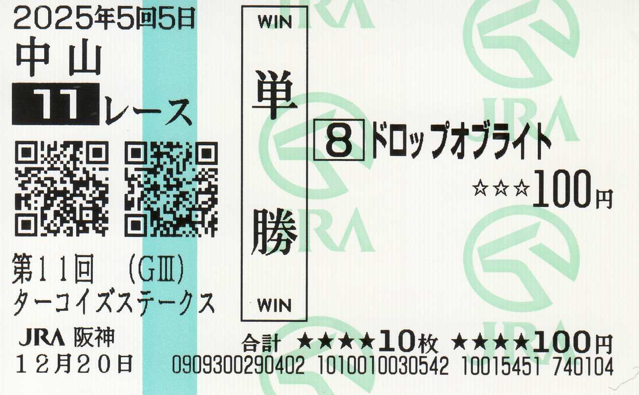 記念単勝馬券】 ドロップオブライト（ターコイズS（G3）） | 白い