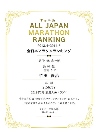 2013年度全日本マラソンランキング記録証
