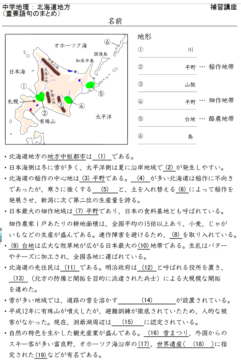 中学地理のまとめプリント 北海道地方他 塾の先生が作った本当に欲しいプリント 楽天ブログ