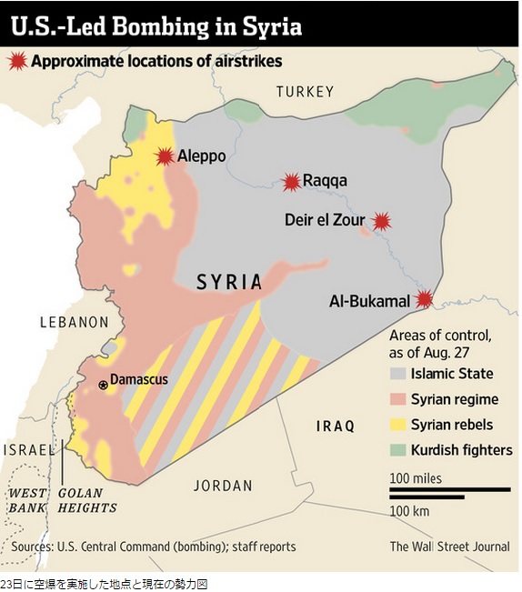 シリアの勢力図と米軍空爆スポット
