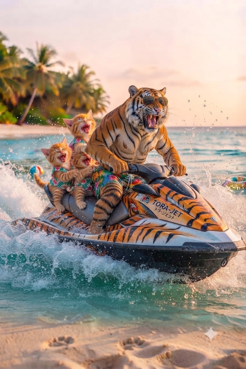 寅と子猫たちが水上バイクに乗って海を楽しむ夏の思い出