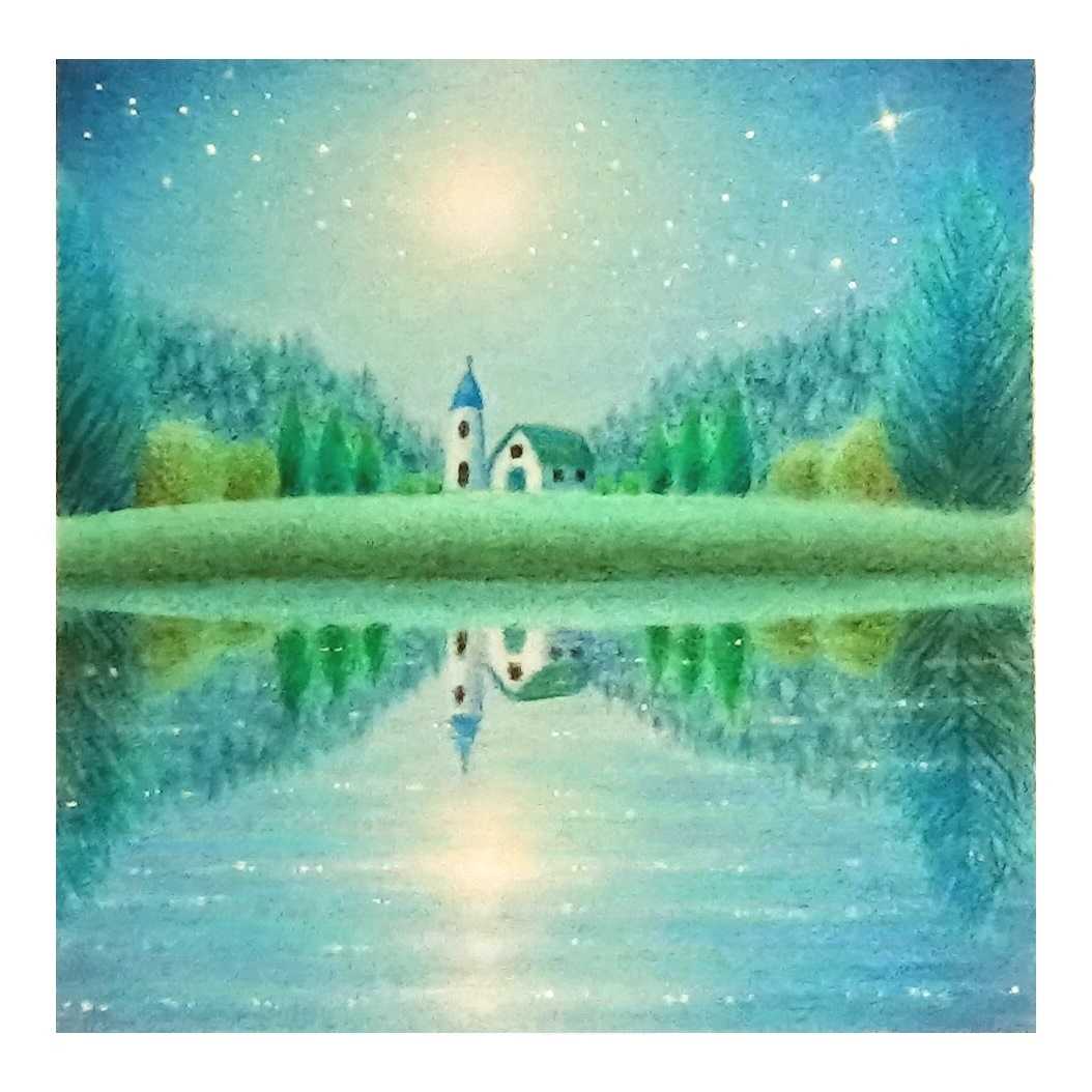 絵画 風景画(街並み) 秋 チェコ モルダウ川を泳ぐ白鳥