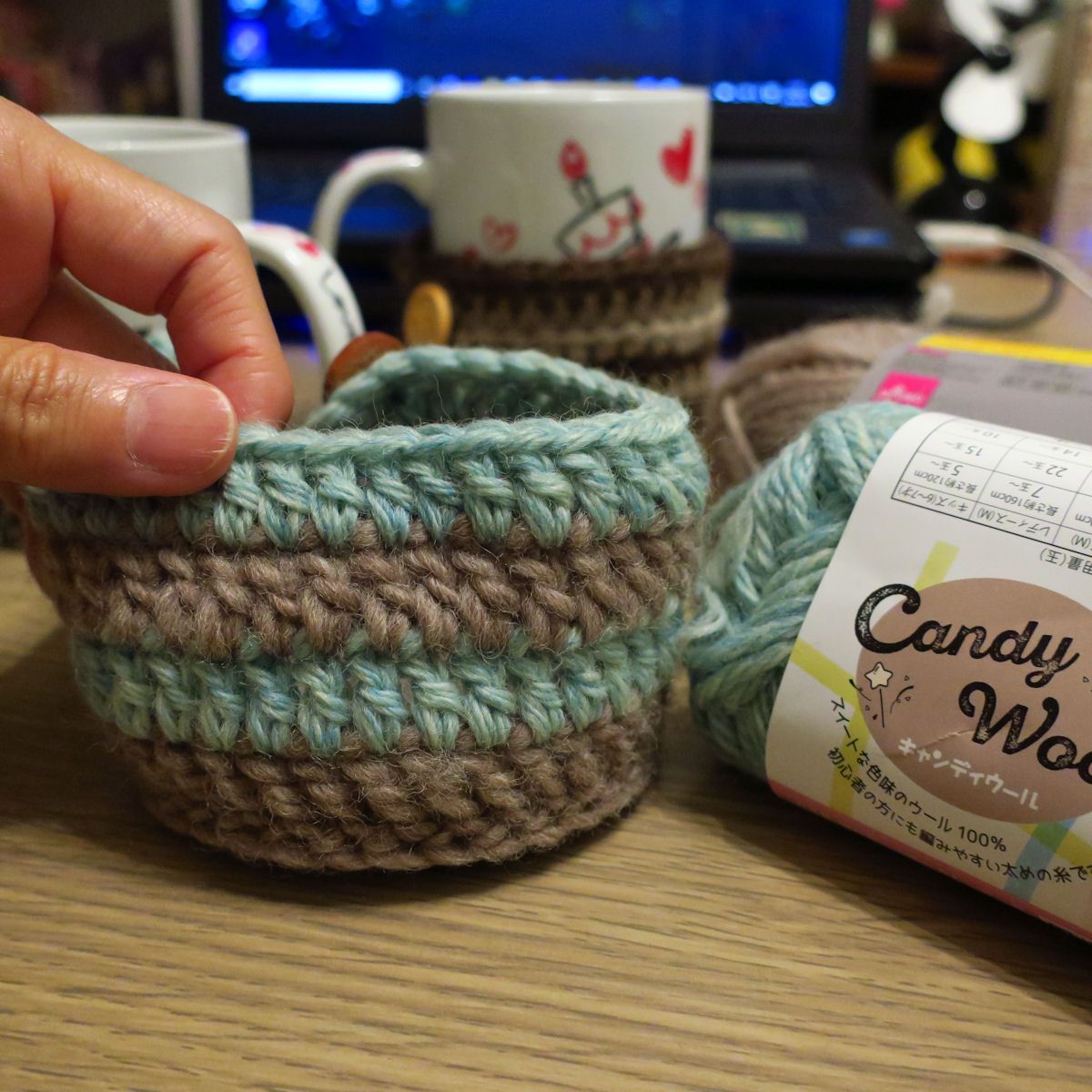100均の毛糸で編むマグカップカバー そら豆プリント倶楽部 楽天ブログ