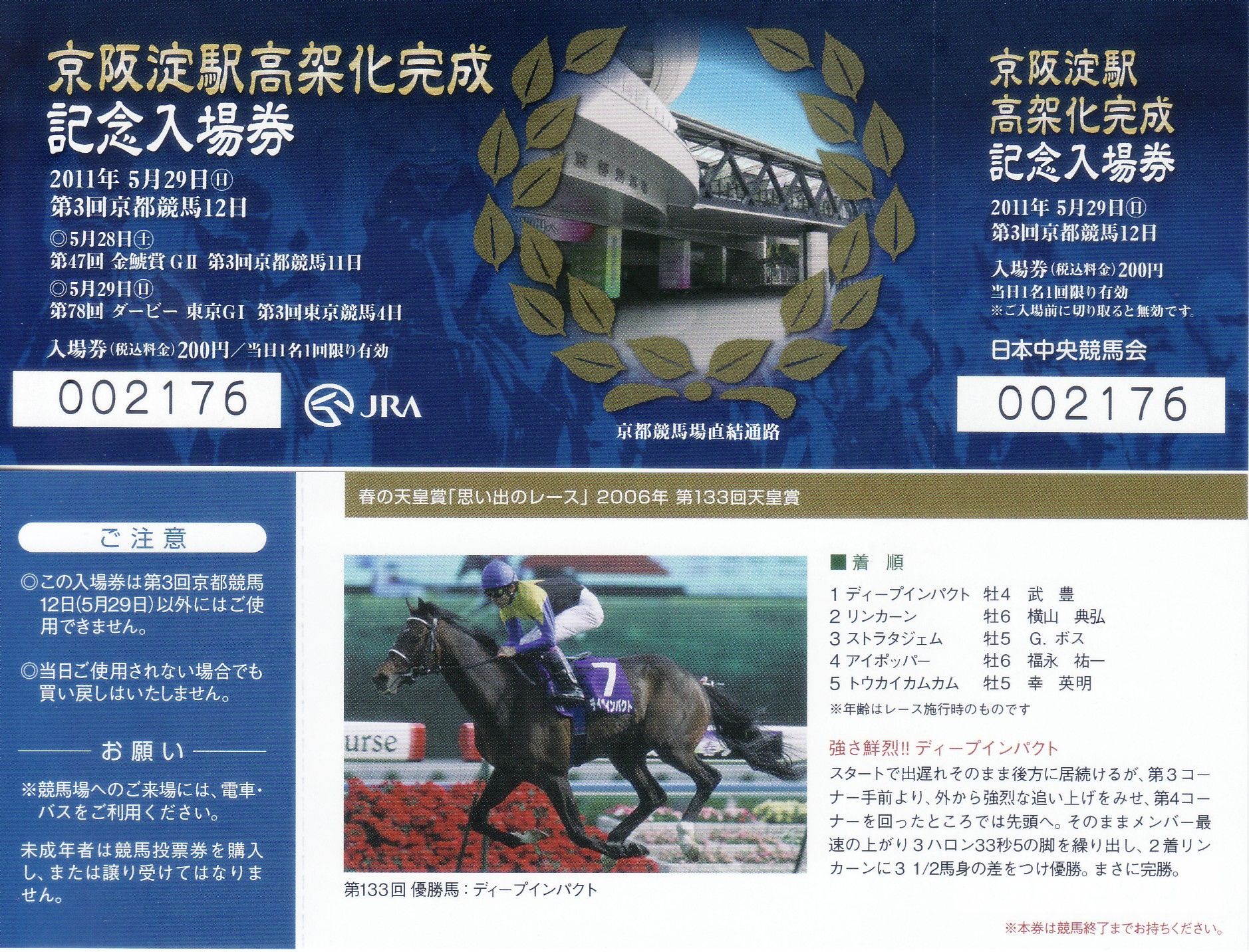 非売品／現地配布品] 京都競馬場・京阪淀駅高架化完成記念入場券