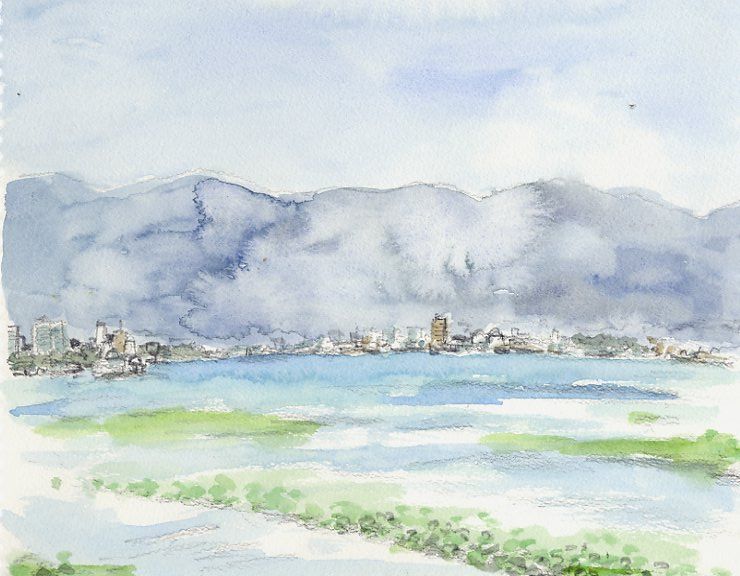 高級素材使用ブランド 絵画「朝霧晴れて～ 飛騨川の清流」水彩画 絵画