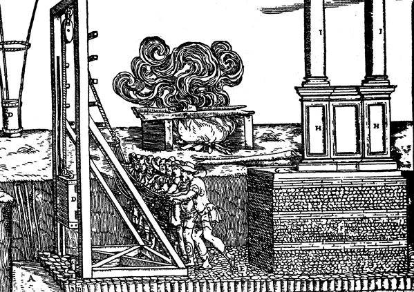 ヴェネツィアの潟での杭打ち作業図