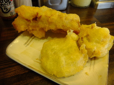 ひき肉とバナナの天ぷら、ホタテの天ぷら