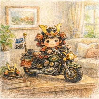 AIさんが描いたバイクに乗った武者人形(童タイプ）