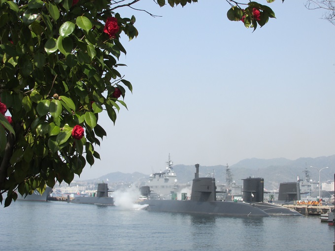 椿の花と自衛隊艦船と潜水艦