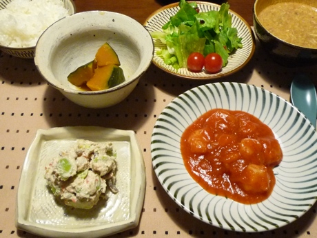 2013.05.07そら豆のクリームチース?白和え＆かほ?ちゃ甘煮＆エヒ?チリ＆sらた?＆スーラータン5.jpg