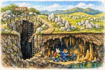※AIさんが描いた平尾台の風景「平尾台の地上と地下のイメージ」
