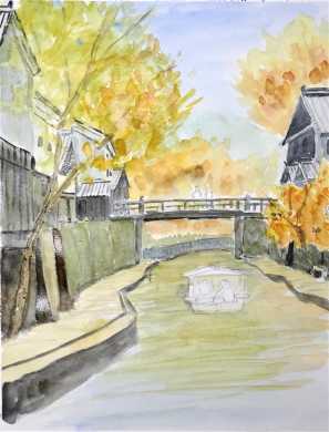 関西風景スケッチ】近江八幡の八幡堀を透明水彩で描きました。時代劇の