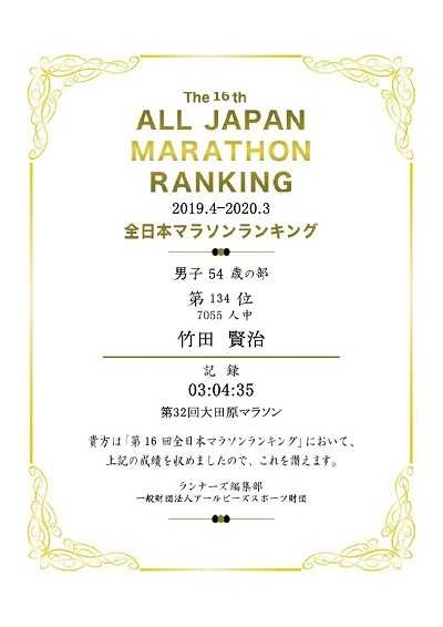 2019年度全日本マラソンランキング記録証