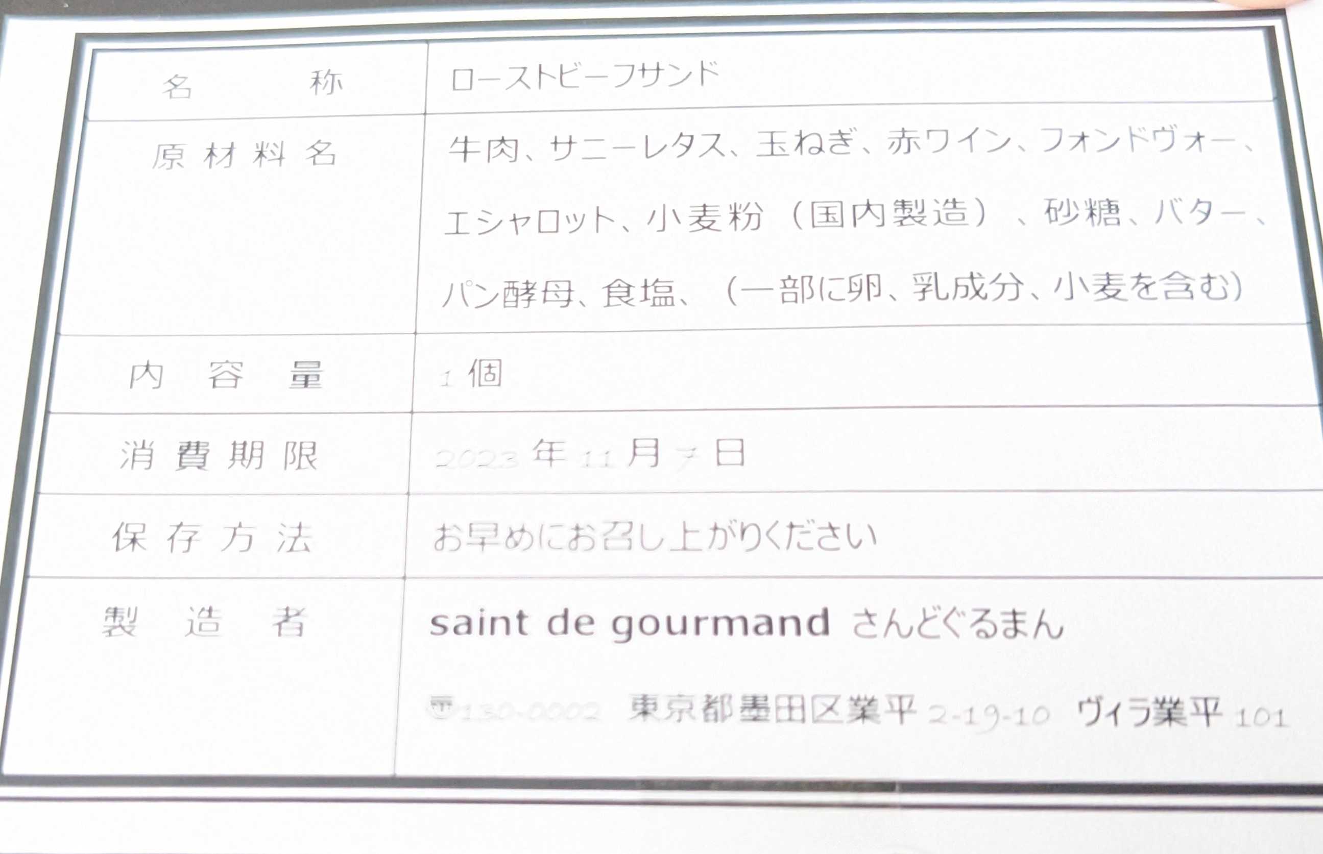 すみだ パン・コーヒー祭り 押上のパン屋saint de gourmand　ローストビーフサンドの原材料表示