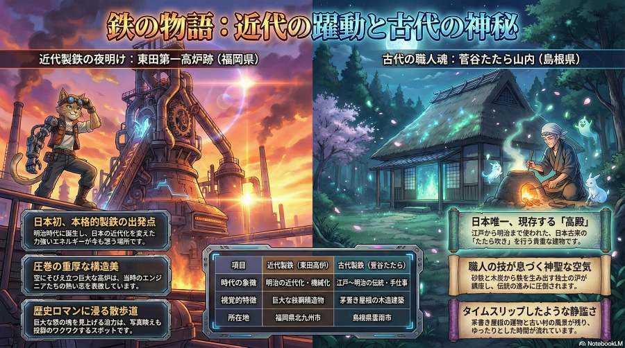 ※AIさんがイメージした近代製鉄と古代製鉄（たたら）
