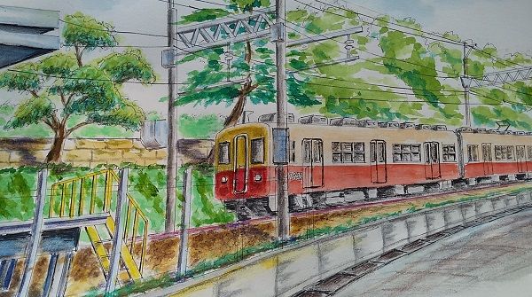 水彩画 阪神電車の赤胴車 | はっはあーのブログ - 楽天ブログ