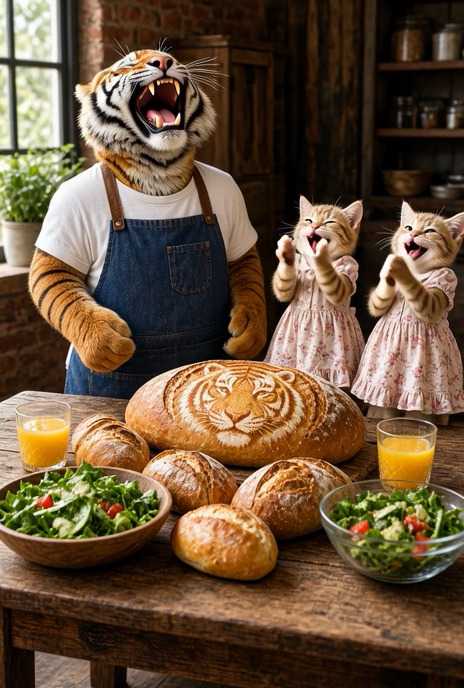 寅パパと子猫たちが手作りパンを一緒に食べる楽しい朝｜寅猫ファミリー