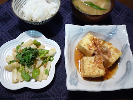 2015.06.02長芋とそら豆の明太ハ?ター＆揚け?出し豆腐＆大根とねき?の味噌汁1.jpg