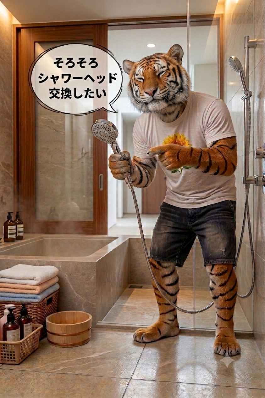 リファ シャワーヘッドを見つけてシャワータイムを楽しみにする寅さん