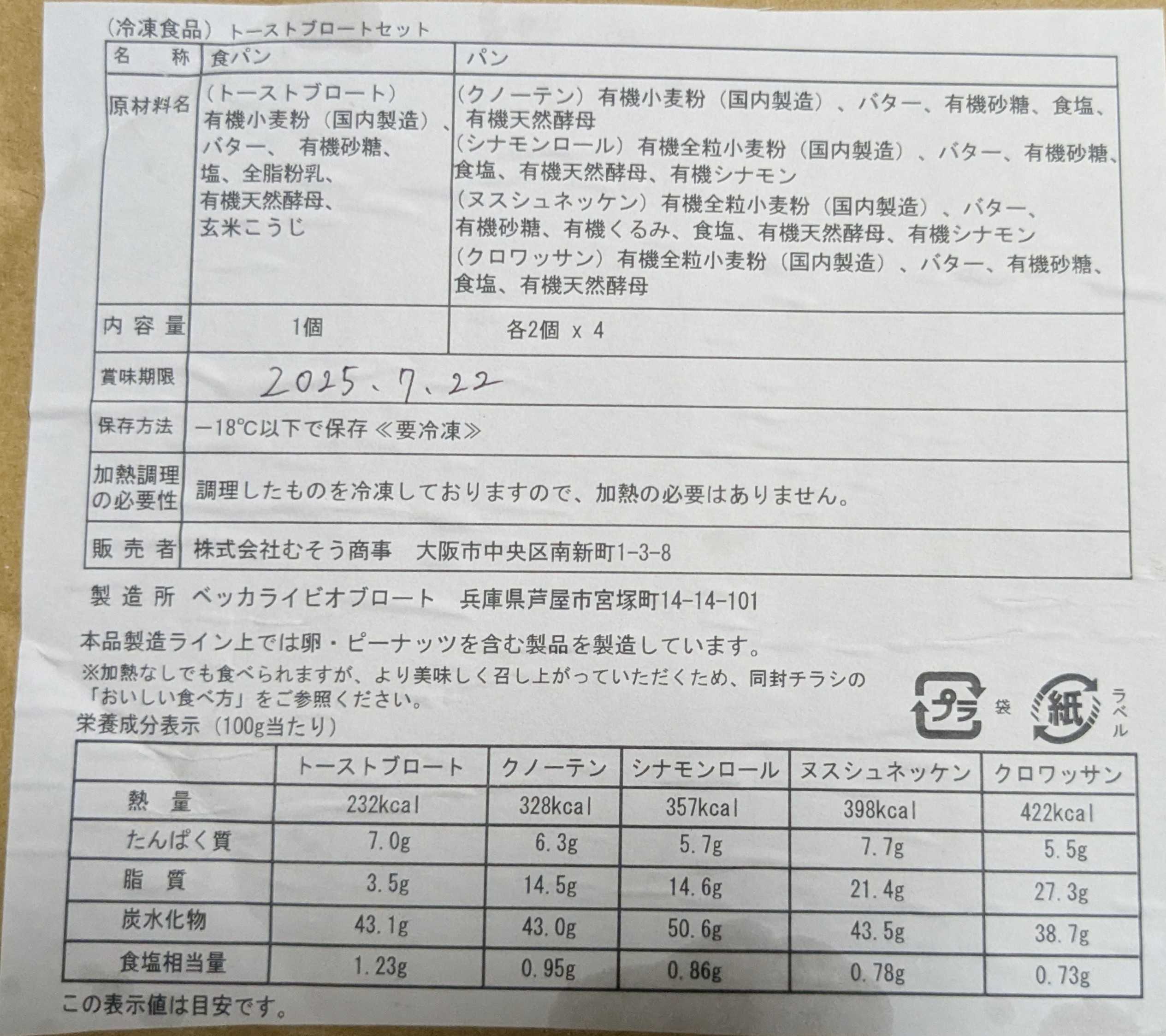 芦屋駅　ベッカライビオブロート　通販　ベッカライビオブロート　原材料・栄養成分表示