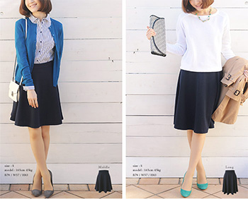 フレアスカート ミモレ丈 ひざ丈 バックファスナー