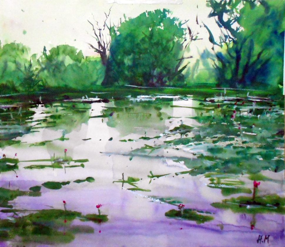 水彩画原画美しいモネの庭スケッチ旅行睡蓮の池-