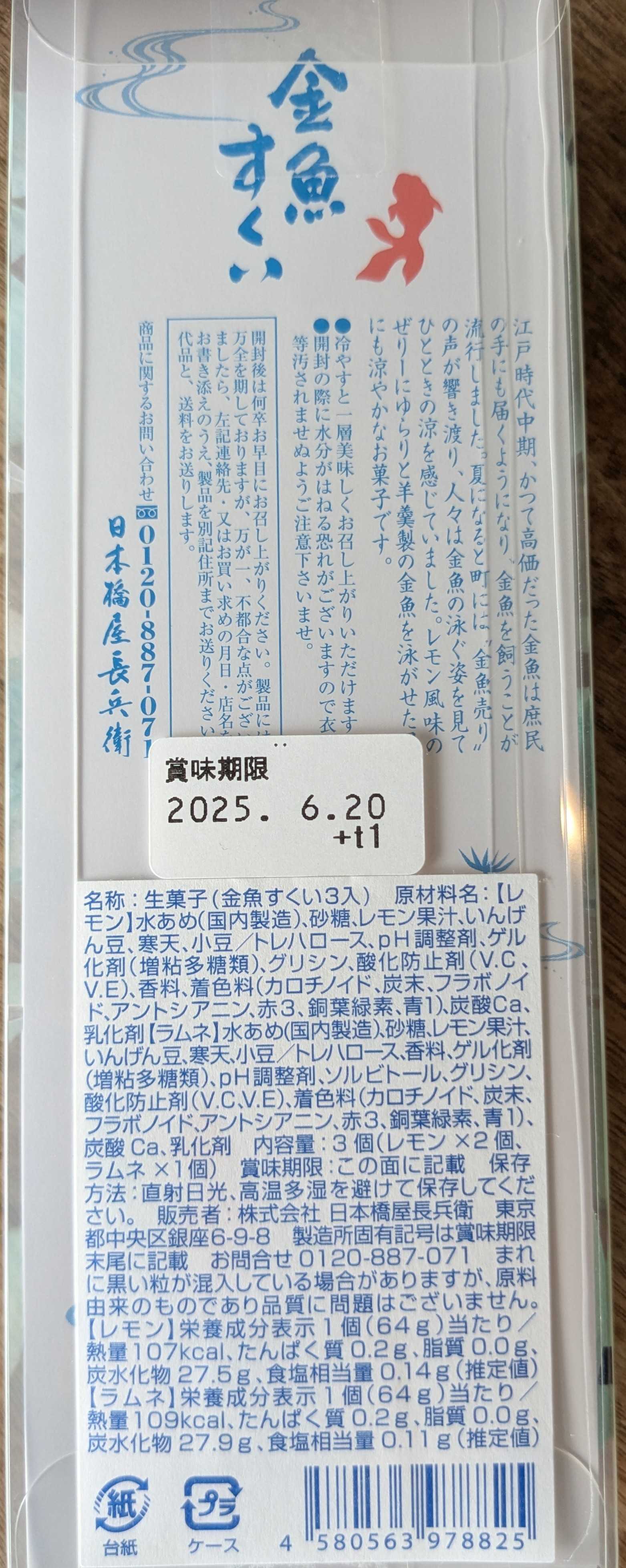 日本橋屋長兵衛 手土産　金魚すくいゼリー　原材料表示