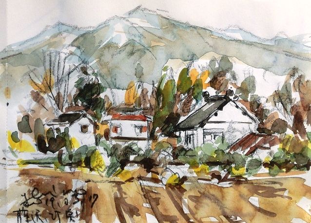 水彩画「里山風景」