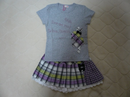 KPニットプランナー20162016SSITEMチェックmimiちゃんのアップリがかわいい半袖Ｔシャツｸﾞﾚｰ杢とスカートセットアップ.JPG