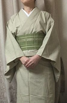 くるりのデニム着物利休白茶と黄緑綿ざっくり帯(2018年着物100その12