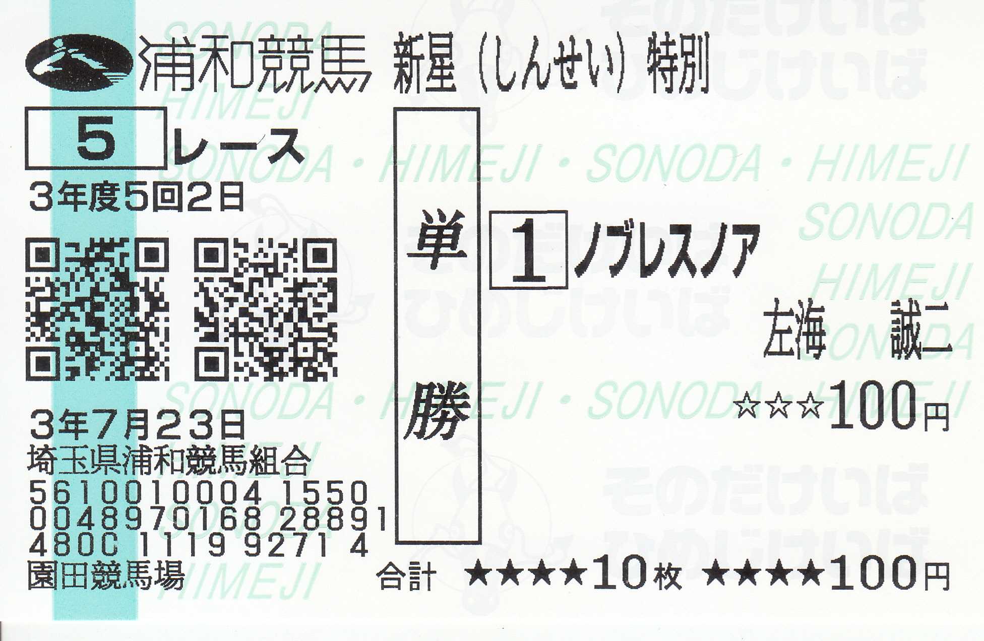 JRA単勝馬券【シンボリインディ東京競馬1回2日11レース】2000年1月30日