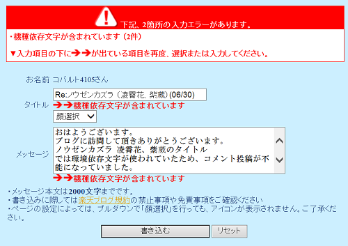 コメントの書き込み入力エラー