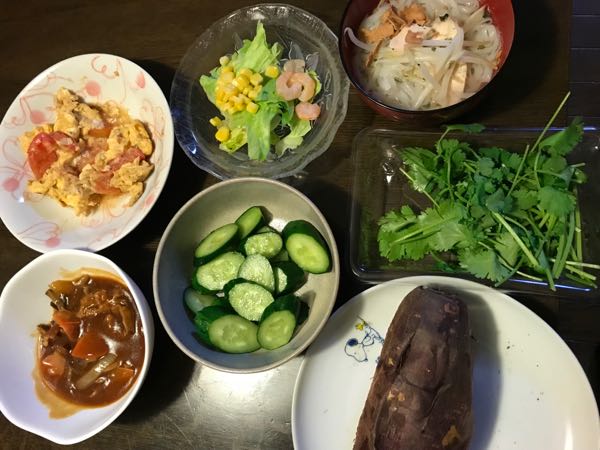 夕食は ビーフストロガノフ チキンフォー トマト 卵炒め 胡瓜の糠漬け 海老 コーン レタスサラダ 焼芋 新高梨 Music Land 私の庭の花たち 楽天ブログ