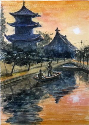 桜吹雪の中で描く五重塔 | 塩田由起子の『水彩毎日』