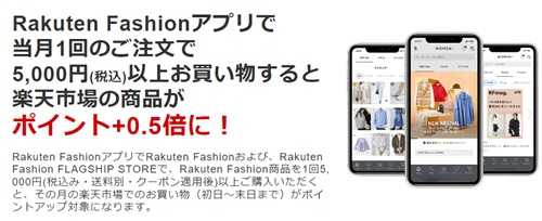 Rakuten Fashionアプリ利用で＋0.5倍：毎月1日～末日