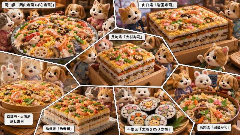 6月27日はちらし寿司の日にゃ。　ちらし寿司はうまいにゃ。お祝いにはちらし寿司にゃ。