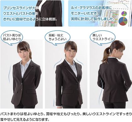 大きなバストサイズ女性のための立体構造ジャケット プリンセスラインが大事 ウエストとバストの差を綺麗に曲線で出るように立体裁断 お客様にモニター頂いて実際に採寸しデータ化して製作しました。 バスト周りは程良いゆとり、肩幅・袖丈は適切なサイズ。そして美しいウエストラインで女性らしらup