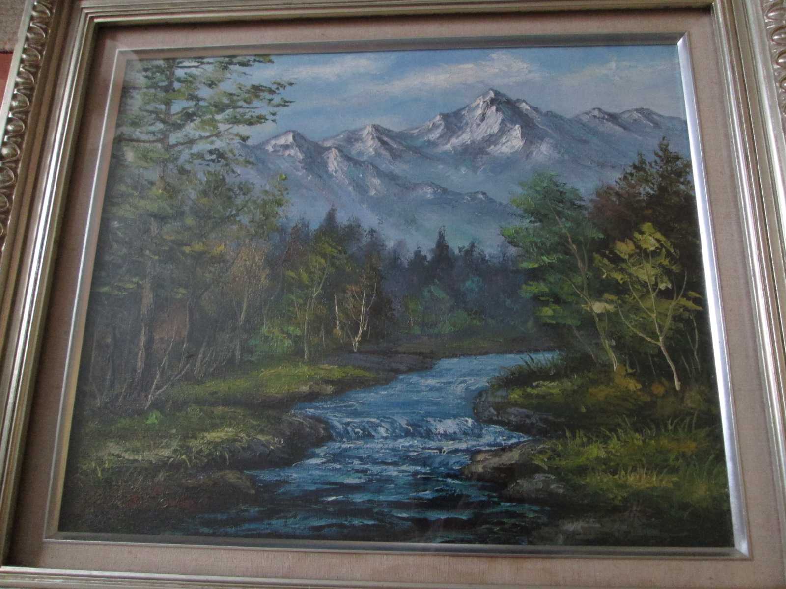 岐阜出身の大竹勇夫さんが描いた油絵による地元の八ヶ岳と柳川の清々 