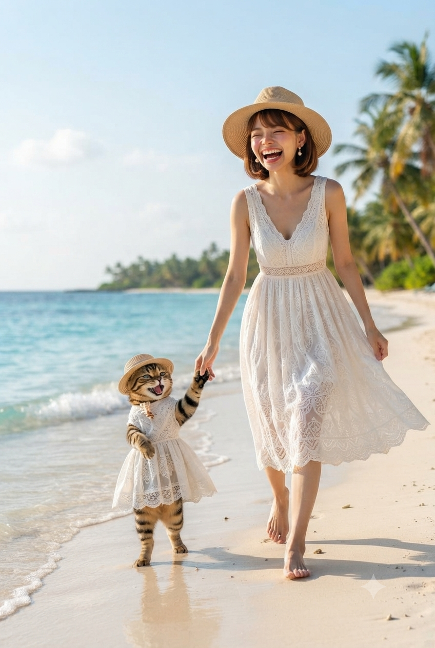 ビーチの日に海辺を散歩するかわいい子猫たち｜夏の砂浜と海を楽しむ風景