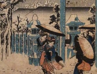 京都藤沢発行　歌川廣重書　版画絵葉書　京都名物祇園社雪中　戦前 20086001926.jpg