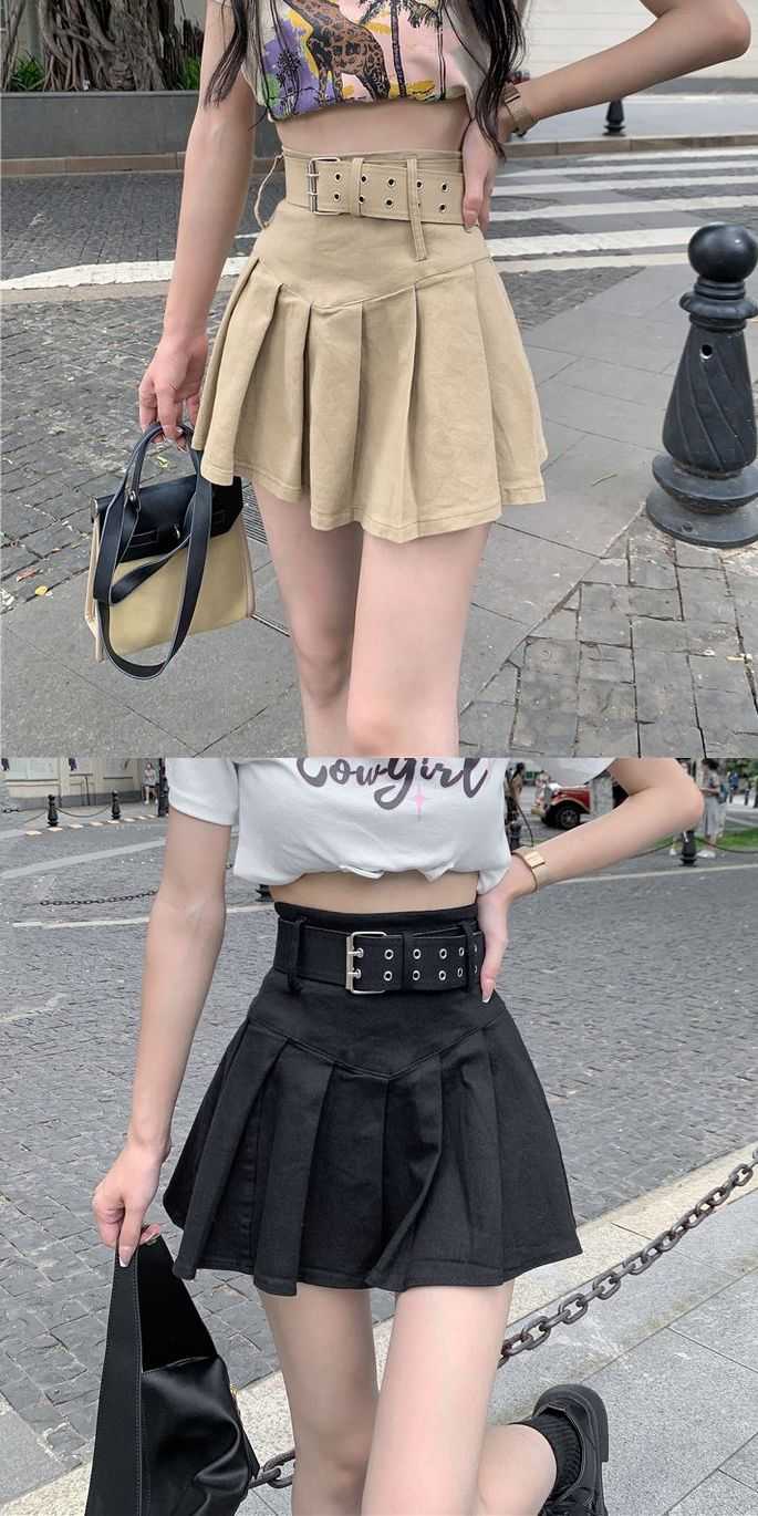 プリーツスカート ベルト付き ハイウエスト ミニスカート Aライン  