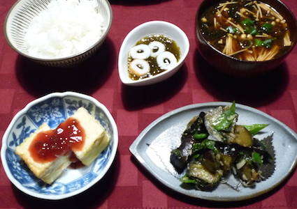 2014.07.09なすとヒ?ーマンの味噌炒め＆揚け?出し豆腐＆もす?く酢5.jpg