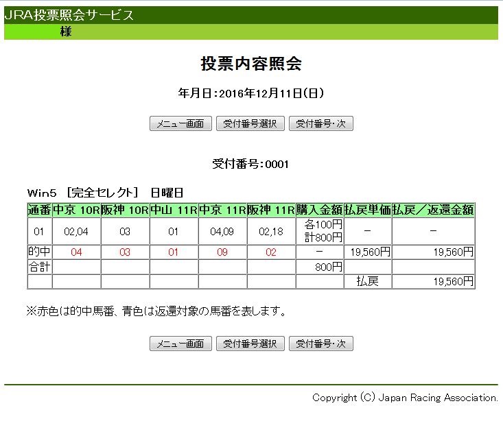 WIN5的中!!2016.12.11